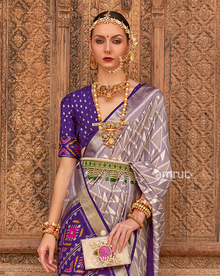 Grey Geometric Patterns & Purple Border Patola Silk Saree with Unstitched Blouse