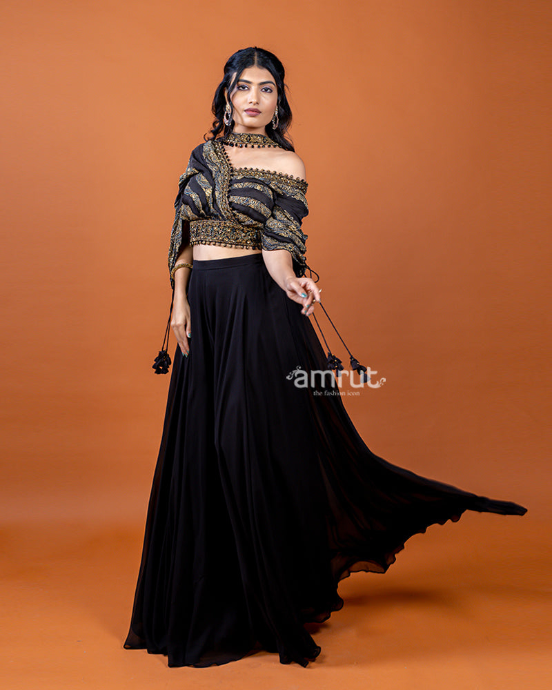 Black Palazzo with Designer Pleated Printed Crop Top and Choker-Style Dupatta