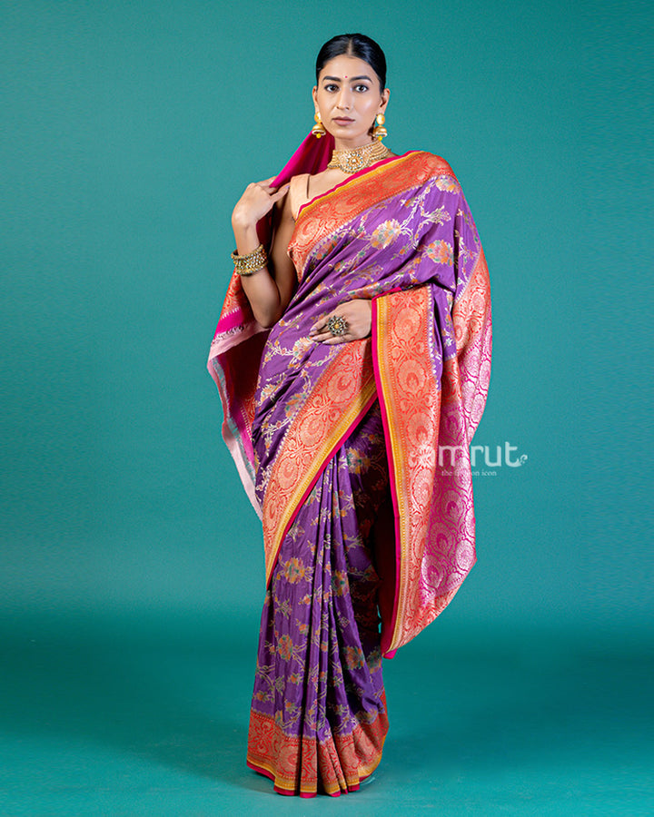 Purple Silk Saree with Golden Zari Weaving and Unstitched Blouse