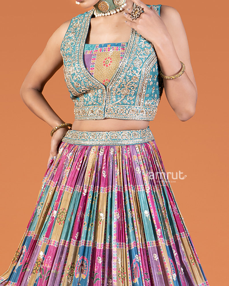 Teal and Golden Embroidered Choli with Multicolor Tiered Lehenga Set