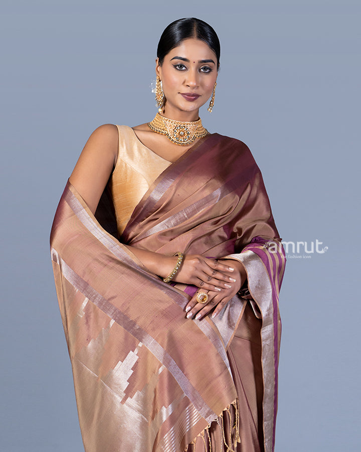 Beige-Taupe and Purple-Maroon Striped Saree with Unstitched Blouse