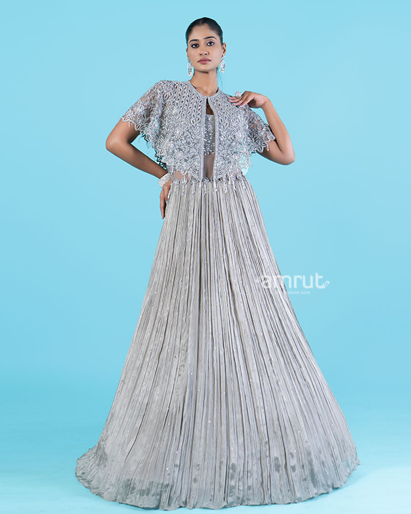 Silver-Gray Embellished Cape with Crop Choli and Pleated Lehenga