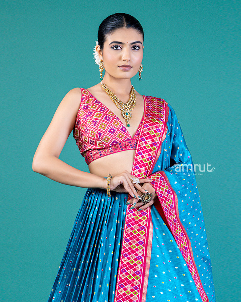 Blue Lehenga Choli Set with Intricate Borders & Matching Dupatta