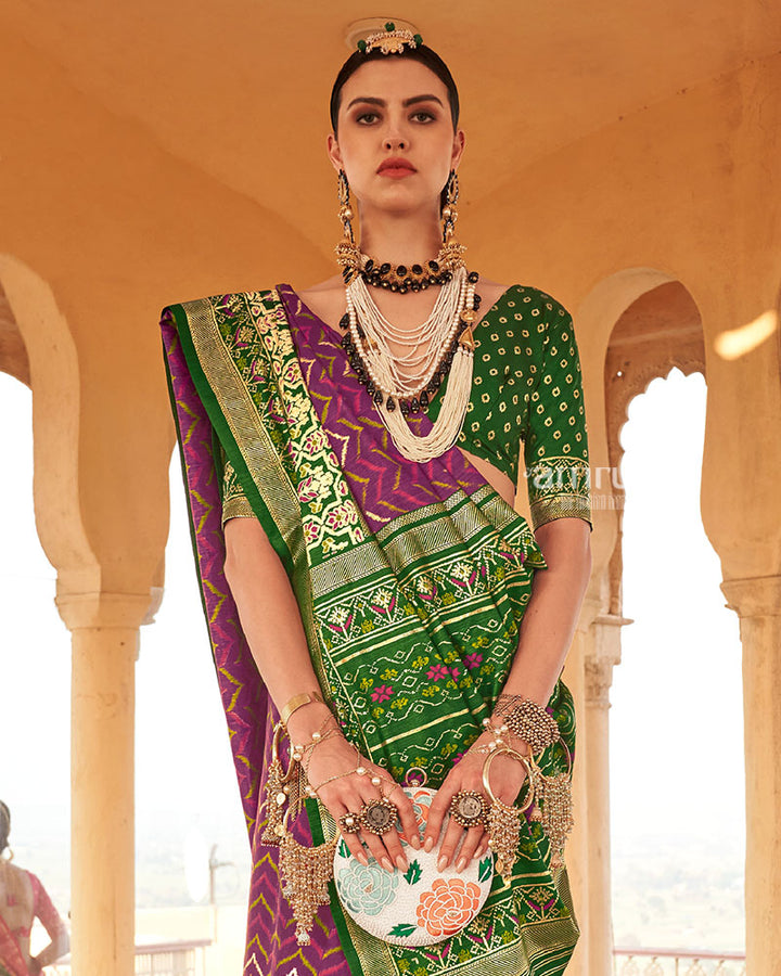 Plum Ikat Printed and Green Contrast Border Patola Silk Saree with Unstitched Blouse