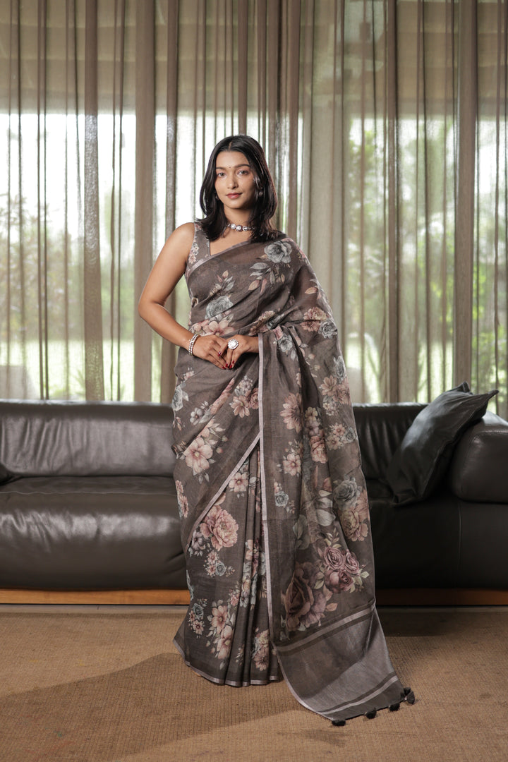 Charcoal Grey Linen Blend Saree with Pastel Floral Digital Print Unstitched Blouse