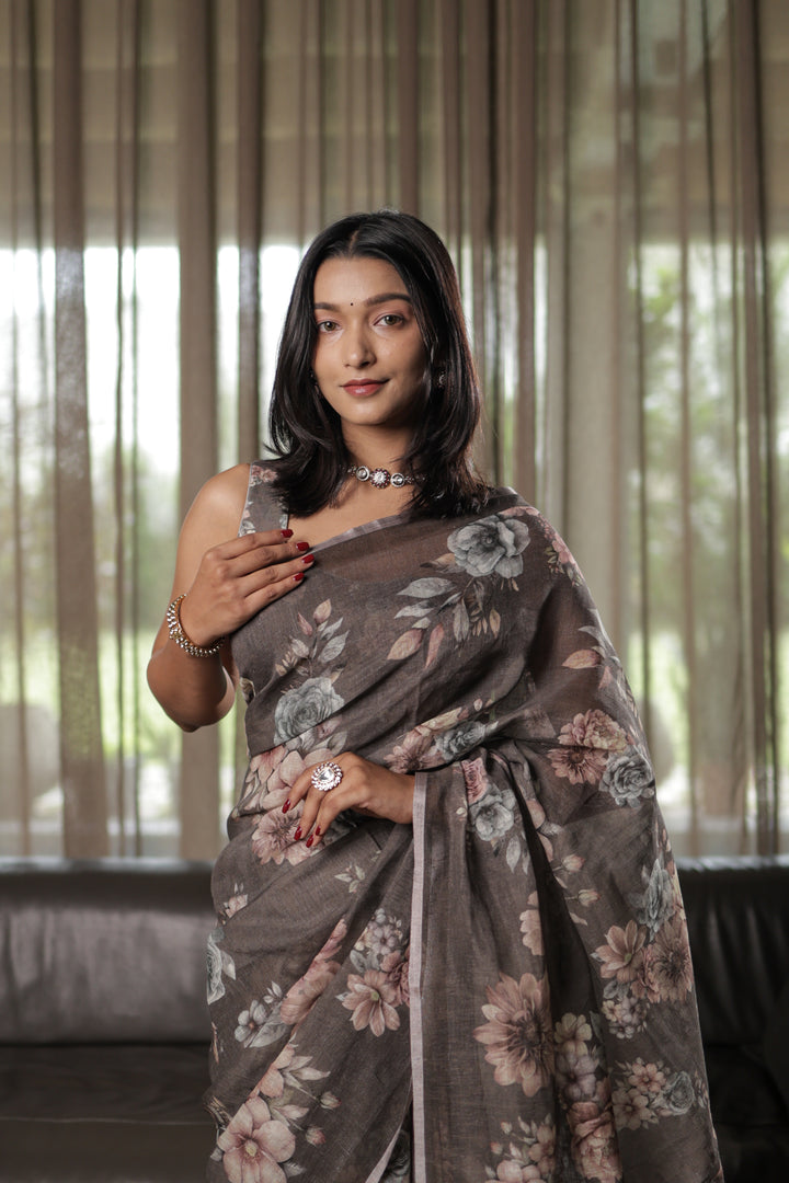 Charcoal Grey Linen Blend Saree with Pastel Floral Digital Print Unstitched Blouse