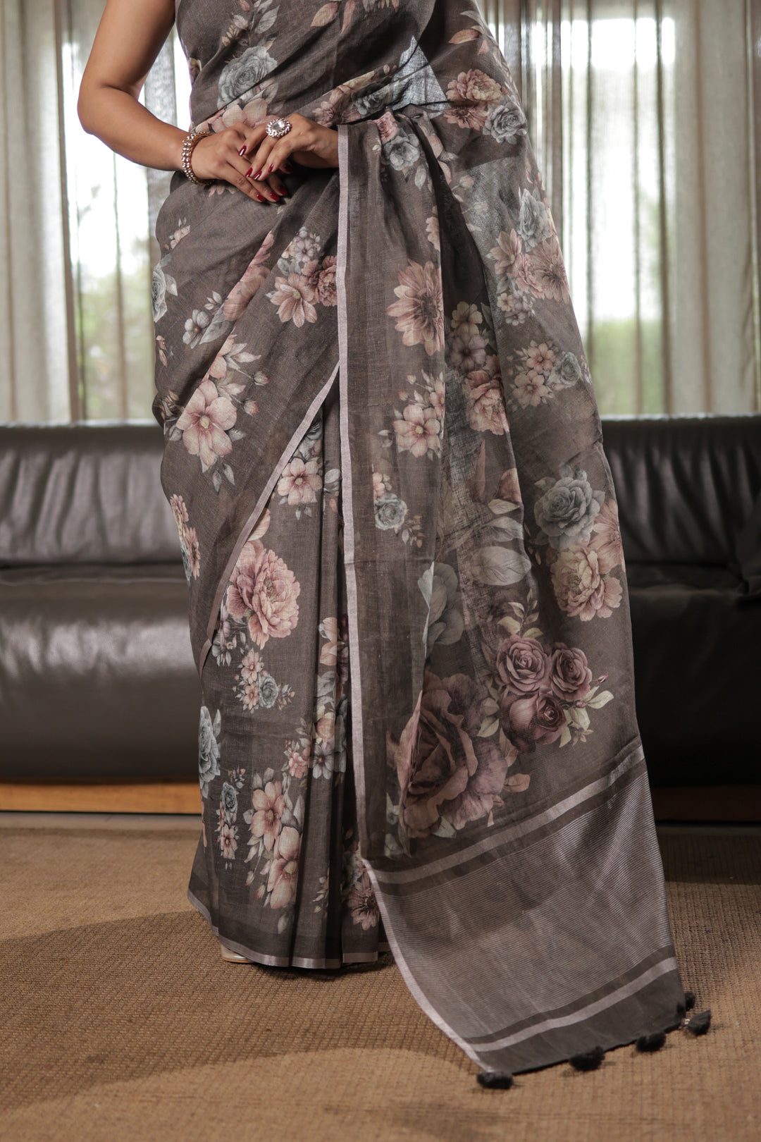 Charcoal Grey Linen Blend Saree with Pastel Floral Digital Print Unstitched Blouse