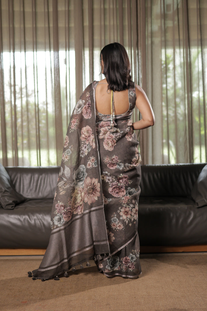 Charcoal Grey Linen Blend Saree with Pastel Floral Digital Print Unstitched Blouse