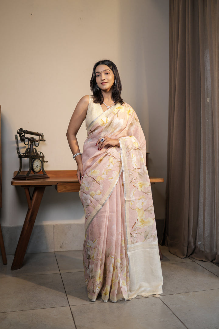 Blush Pink Linen Blend Saree with Subtle Yellow Floral Digital Print Unstitched Blouse