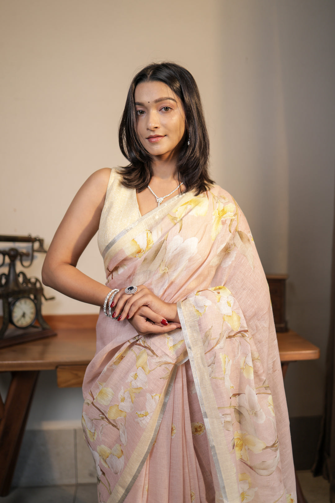 Blush Pink Linen Blend Saree with Subtle Yellow Floral Digital Print Unstitched Blouse