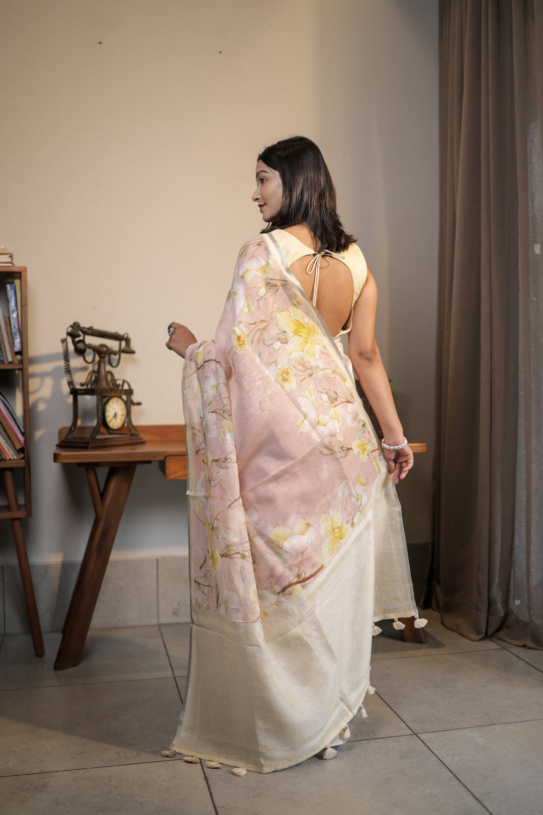 Blush Pink Linen Blend Saree with Subtle Yellow Floral Digital Print Unstitched Blouse