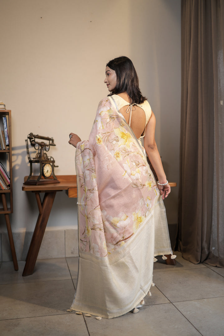 Blush Pink Linen Blend Saree with Subtle Yellow Floral Digital Print Unstitched Blouse