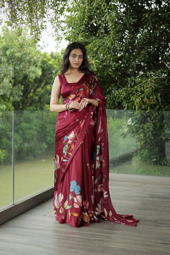 Deep Wine Crepe Satin Silk Saree with Tropical Digital Print Unstitched Blouse