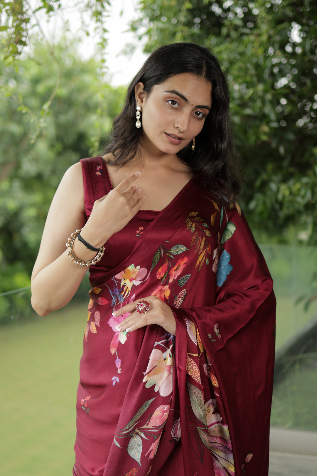 Deep Wine Crepe Satin Silk Saree with Tropical Digital Print Unstitched Blouse