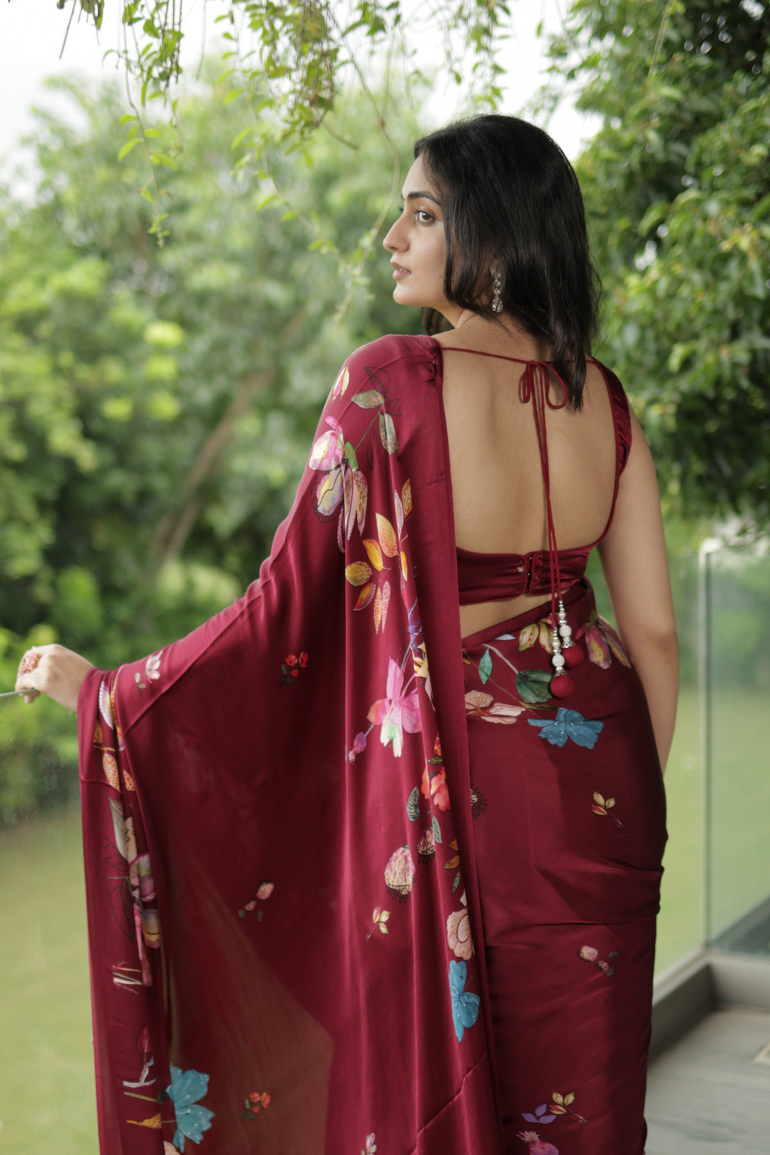 Deep Wine Crepe Satin Silk Saree with Tropical Digital Print Unstitched Blouse