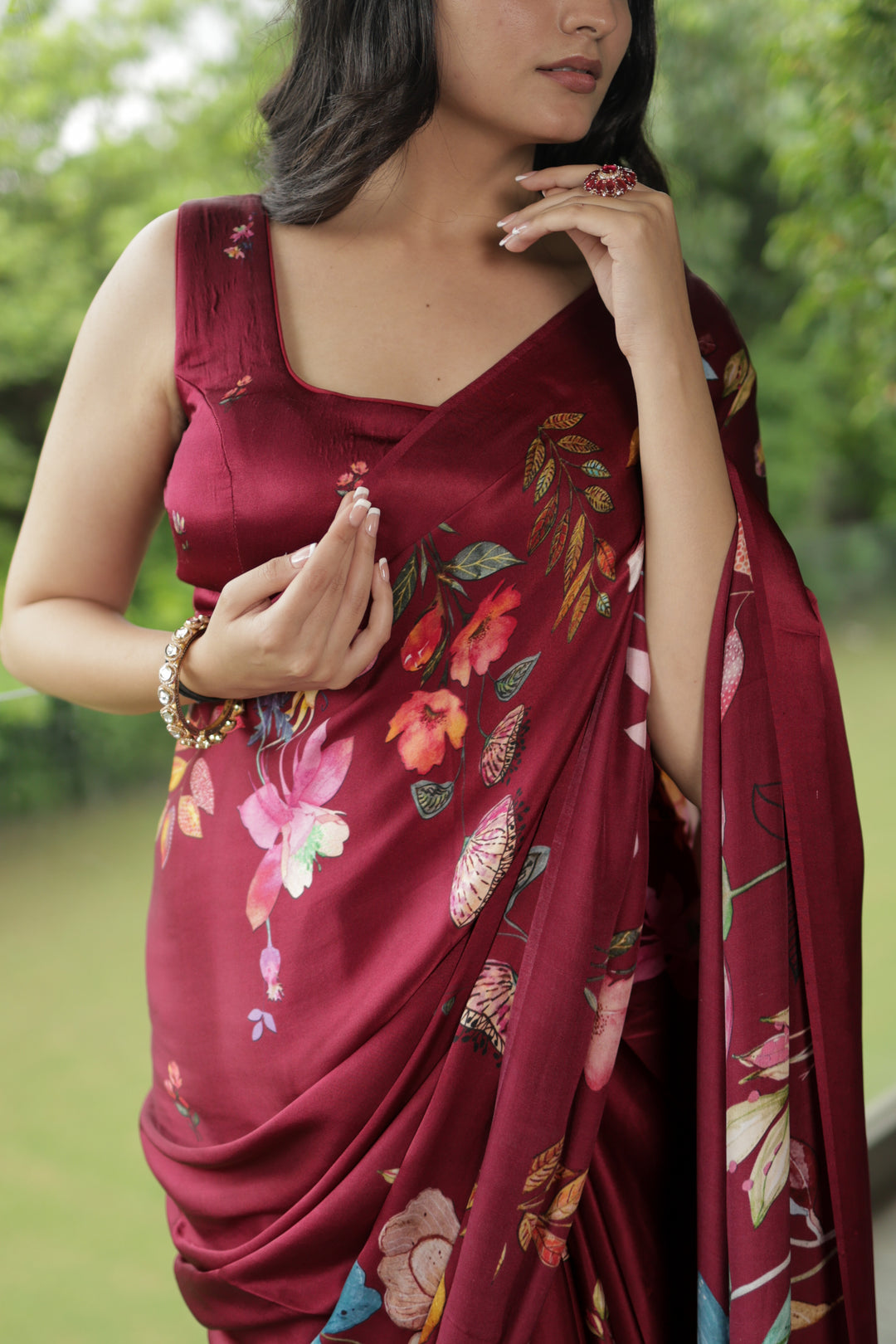 Deep Wine Crepe Satin Silk Saree with Tropical Digital Print Unstitched Blouse