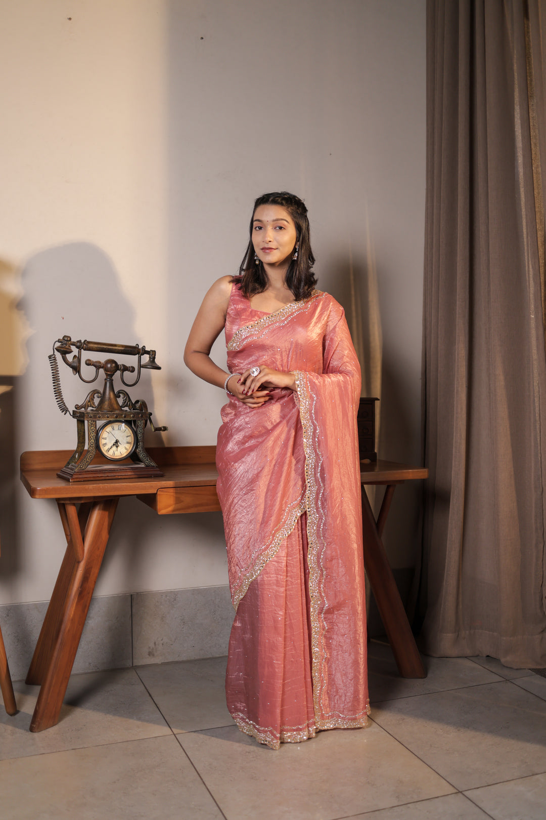 Peach Crushed Tissue Crepe Saree with Hand Work Unstitched Blouse