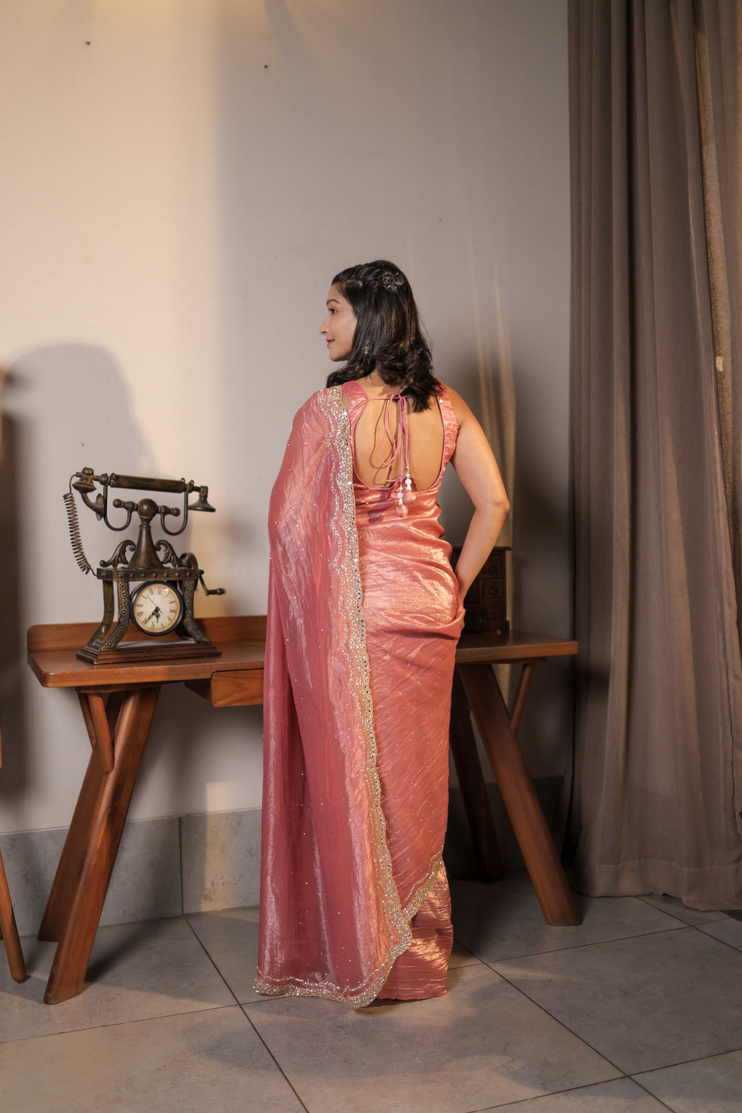 Peach Crushed Tissue Crepe Saree with Hand Work Unstitched Blouse