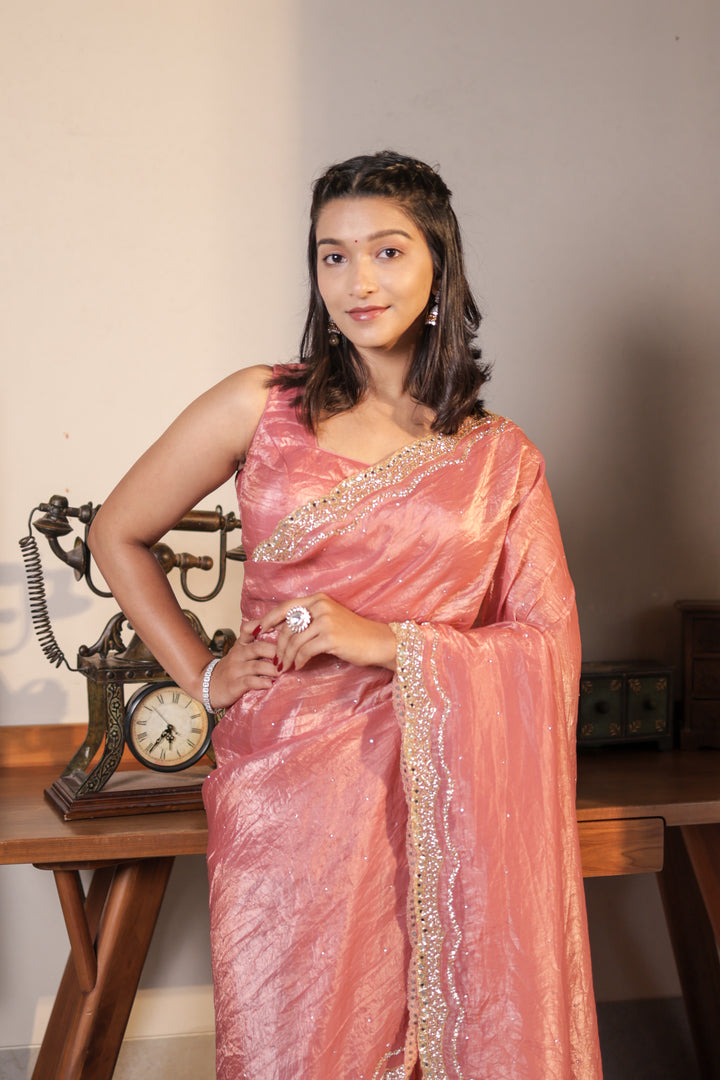Peach Crushed Tissue Crepe Saree with Hand Work Unstitched Blouse