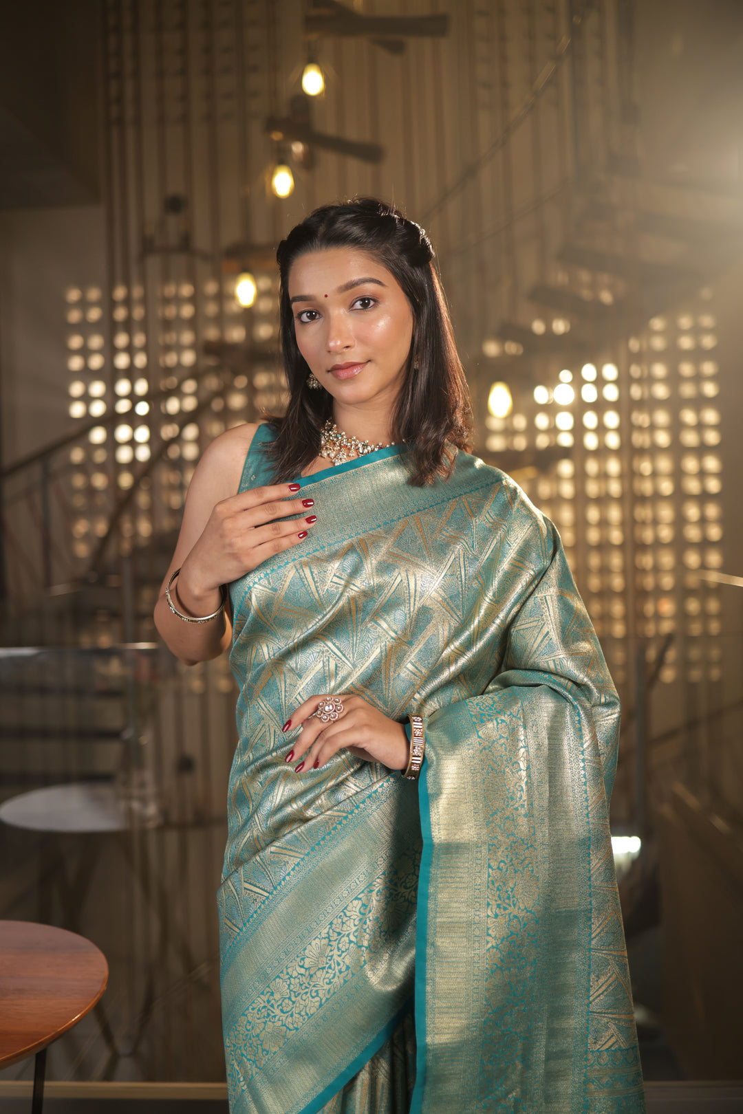 Lustrous Kanjivaram Silk Saree in Aqua Green with Unstitched Blouse
