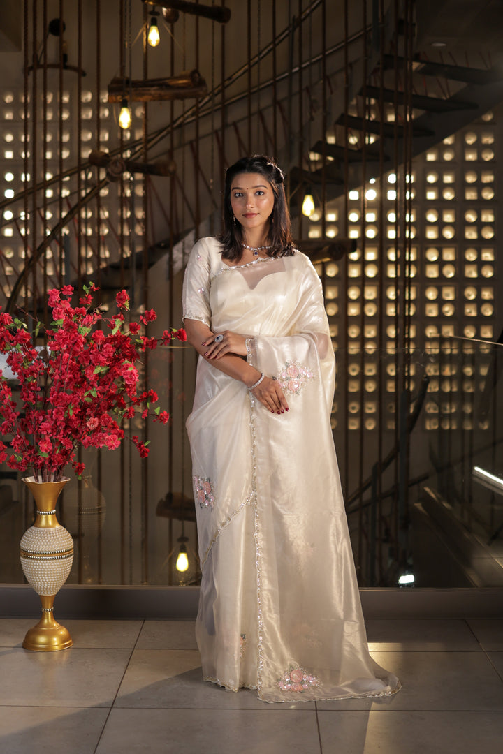 Ivory Tissue Silk Saree with Hand-Embroidered Floral Sequins Unstitched Blouse