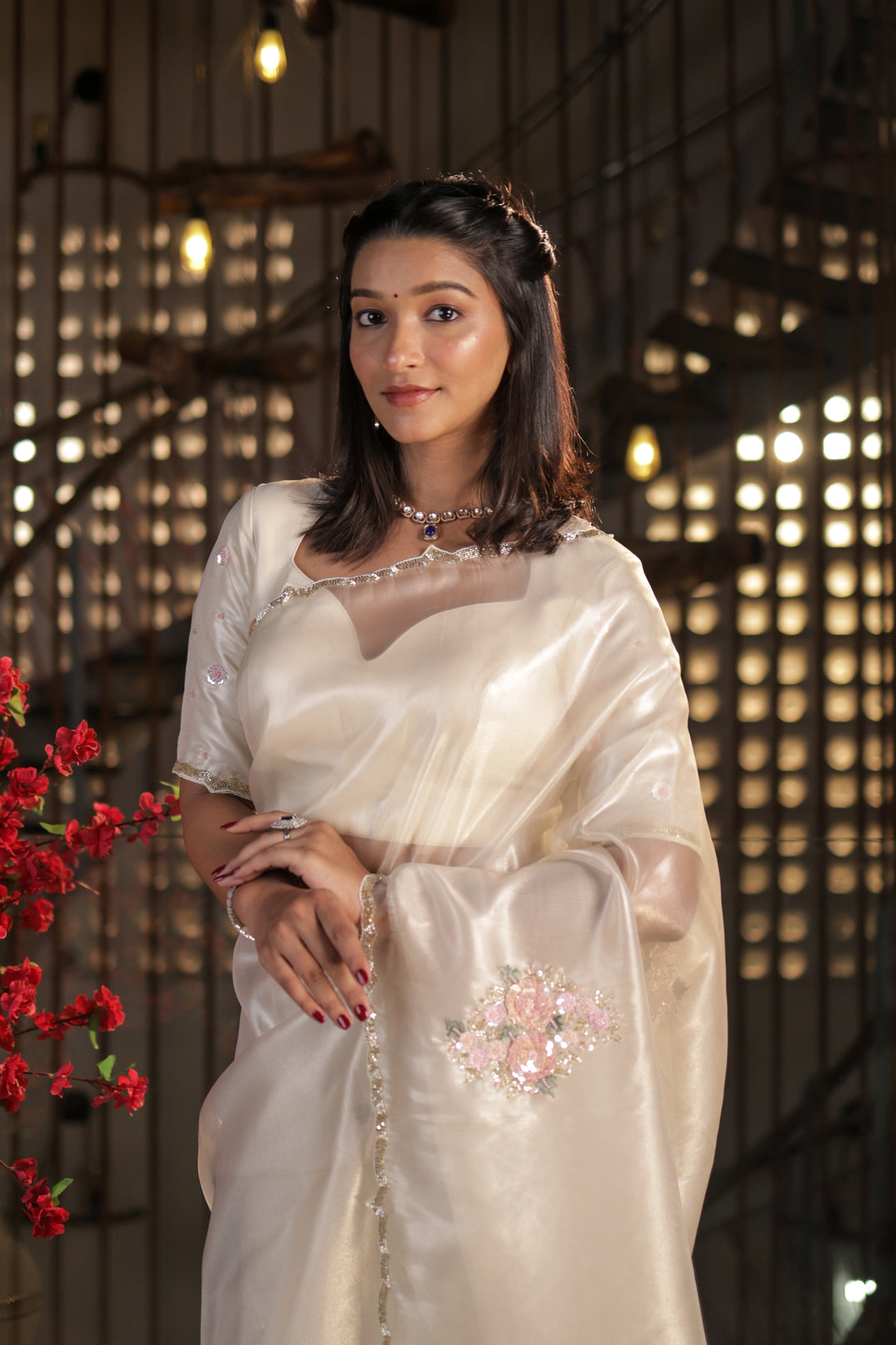 Ivory Tissue Silk Saree with Hand-Embroidered Floral Sequins Unstitched Blouse