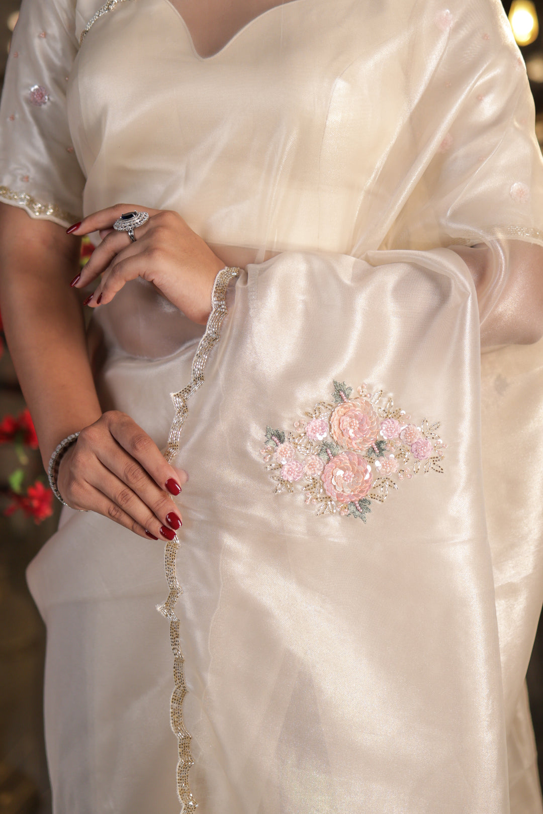 Ivory Tissue Silk Saree with Hand-Embroidered Floral Sequins Unstitched Blouse