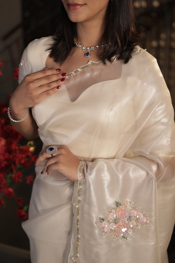 Ivory Tissue Silk Saree with Hand-Embroidered Floral Sequins Unstitched Blouse