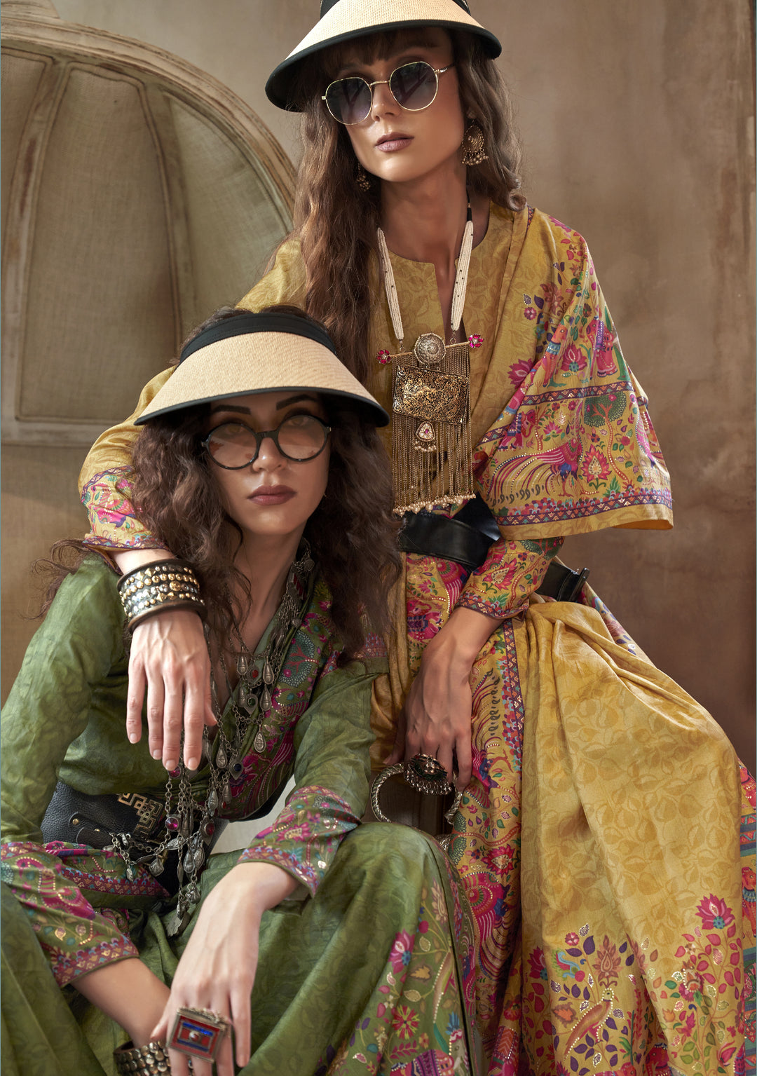Olive Green Pashmina Prints Inspired Designer Saree with Folk Motifs