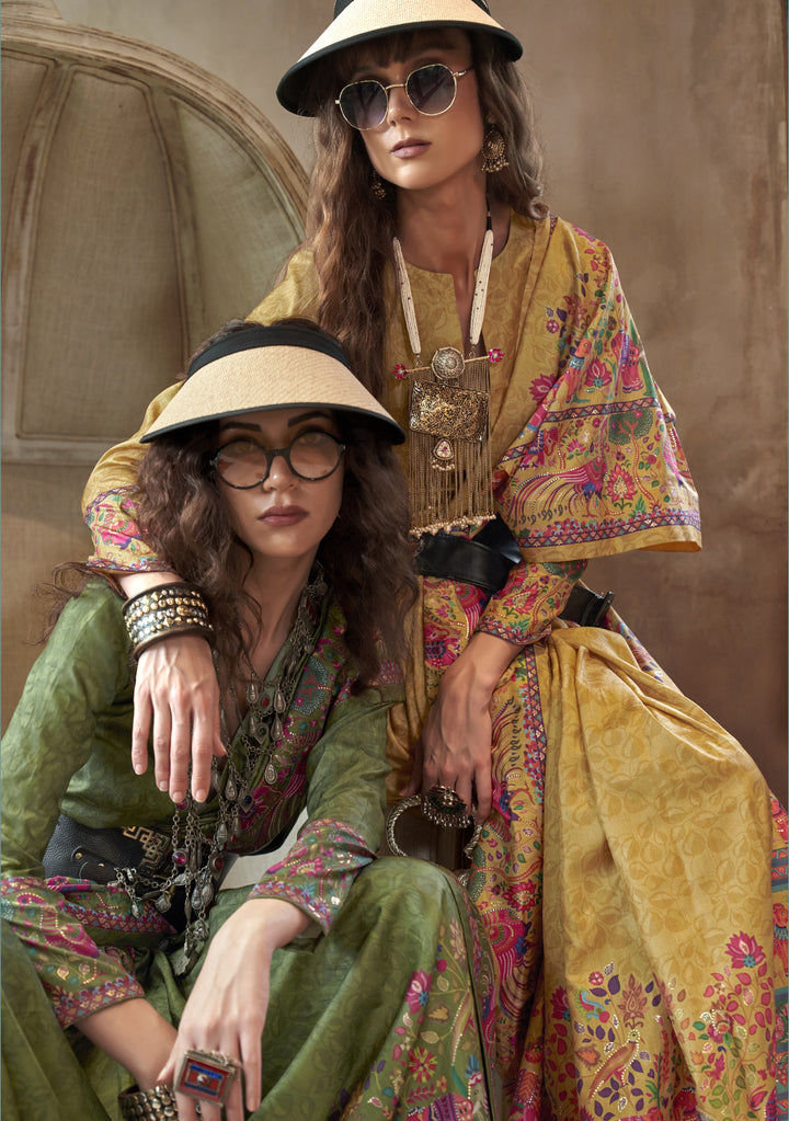 Olive Green Pashmina Prints Inspired Designer Saree with Folk Motifs