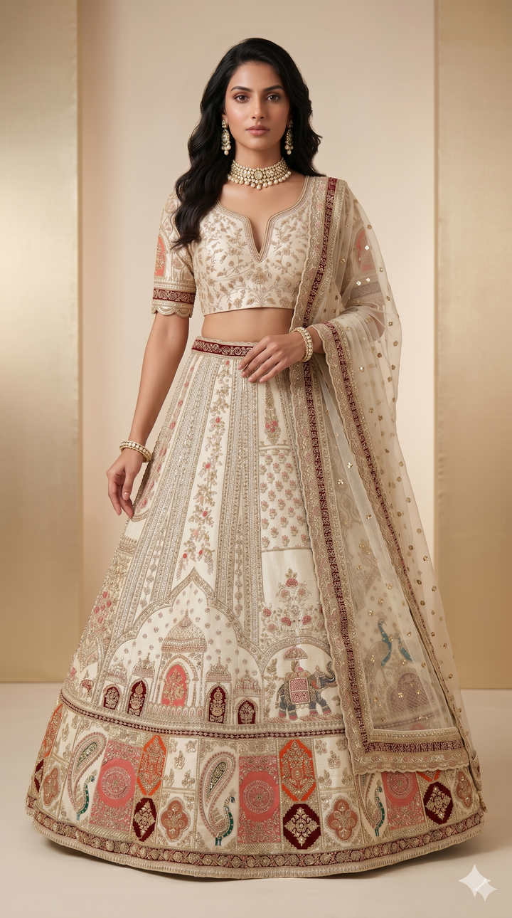 Ivory White Designer Lehenga Set with Heritage Motif Embroidery & Organza Dupatta