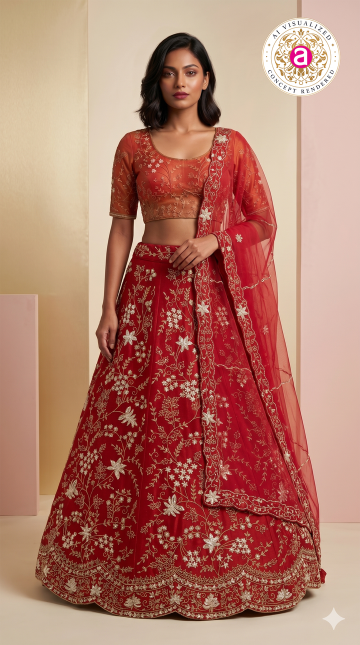 Ruby Red Designer Lehenga Set with Floral Zari Embroidery & Organza Dupatta
