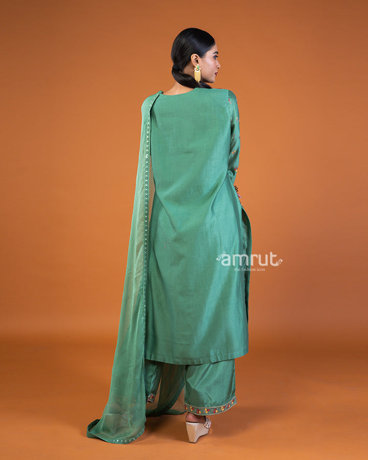 Green Silk Embroidered Kurta and Palazzo pants with Dupatta