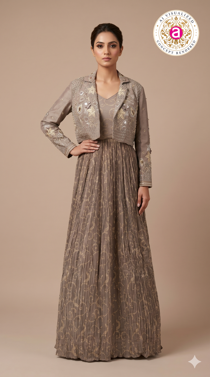 Taupe Embellished Jacket Gown with Metallic Detailing