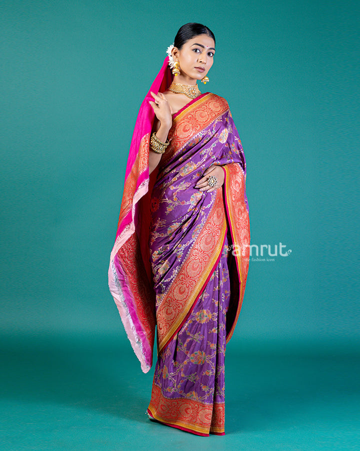 Purple Silk Saree with Golden Zari Weaving and Unstitched Blouse