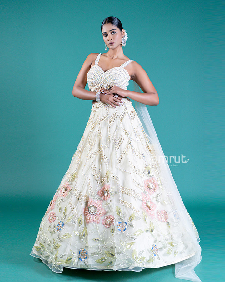 Floral Embroidered Cream Lehenga Choli with Beaded Design and Sheer Dupatta