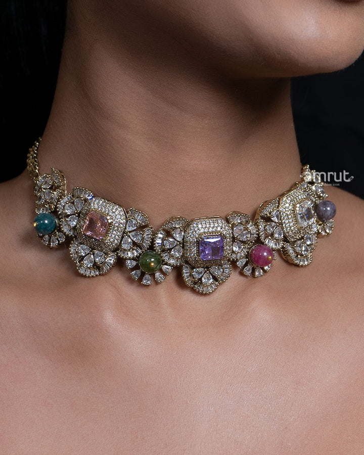 Multicolor Gemstone and Polki Floral Choker Set