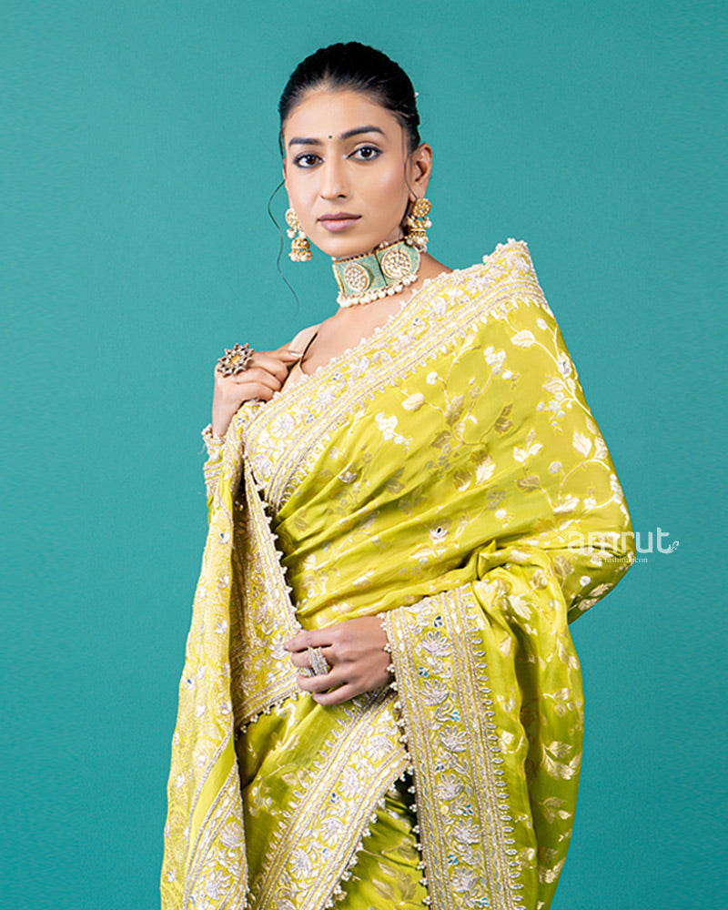 Lime Yellow Zari Embellished Silk Saree with Unstitched Blouse