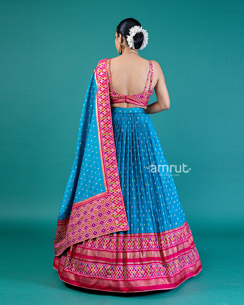 Blue Lehenga Choli Set with Intricate Borders & Matching Dupatta