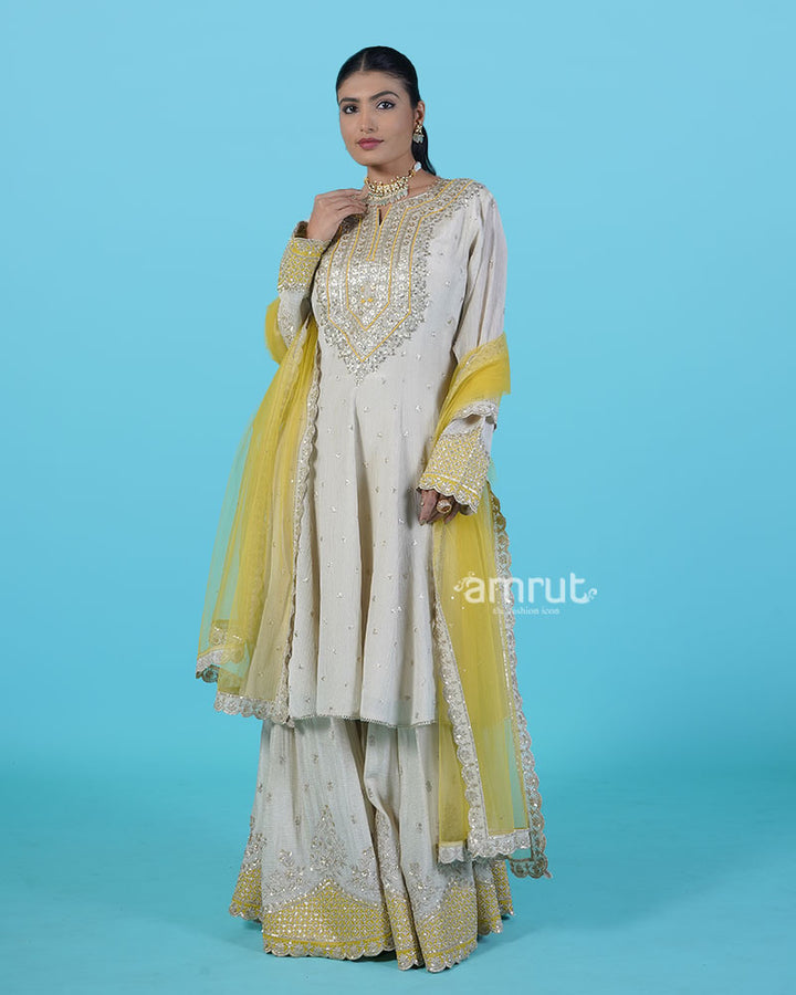 Cream Golden Embroidered salwar Kameez with Mustard Yellow Dupatta