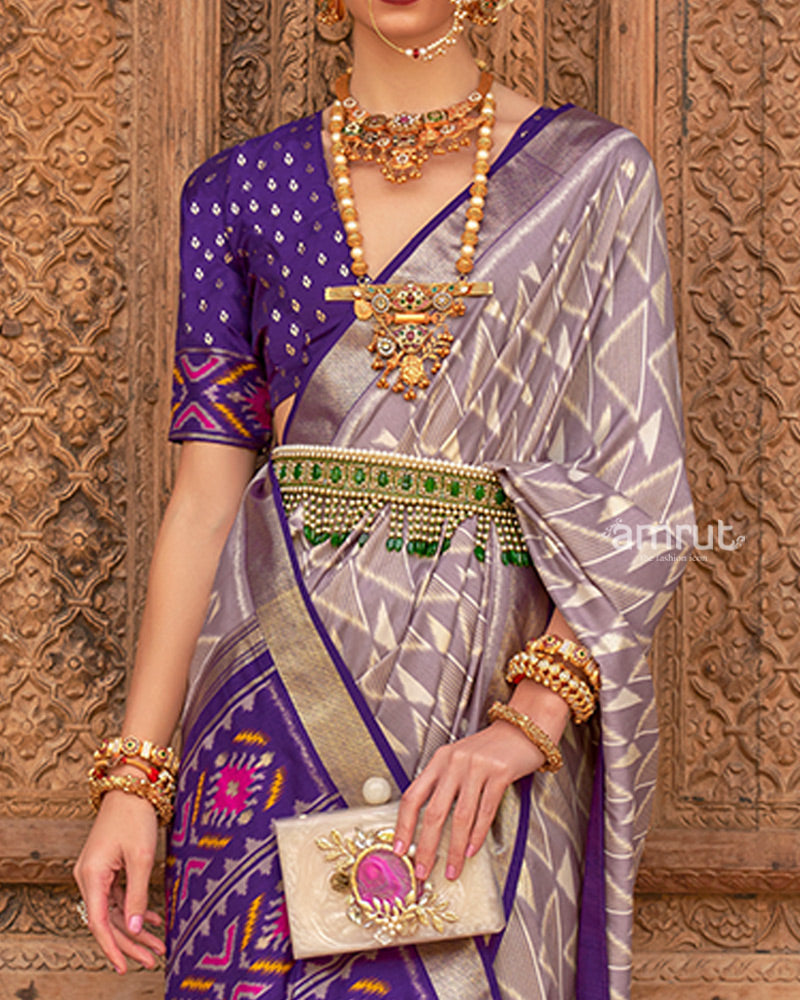 Grey Geometric Patterns & Purple Border Patola Silk Saree with Unstitched Blouse