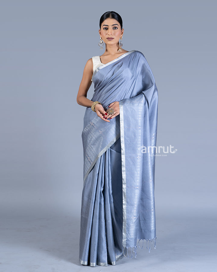 Grey-Blue Silver Stripes Silk Saree with unstitched blouse