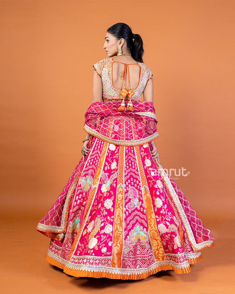 Pink and Orange Embroidered Lehenga Choli with Sheer Dupatta