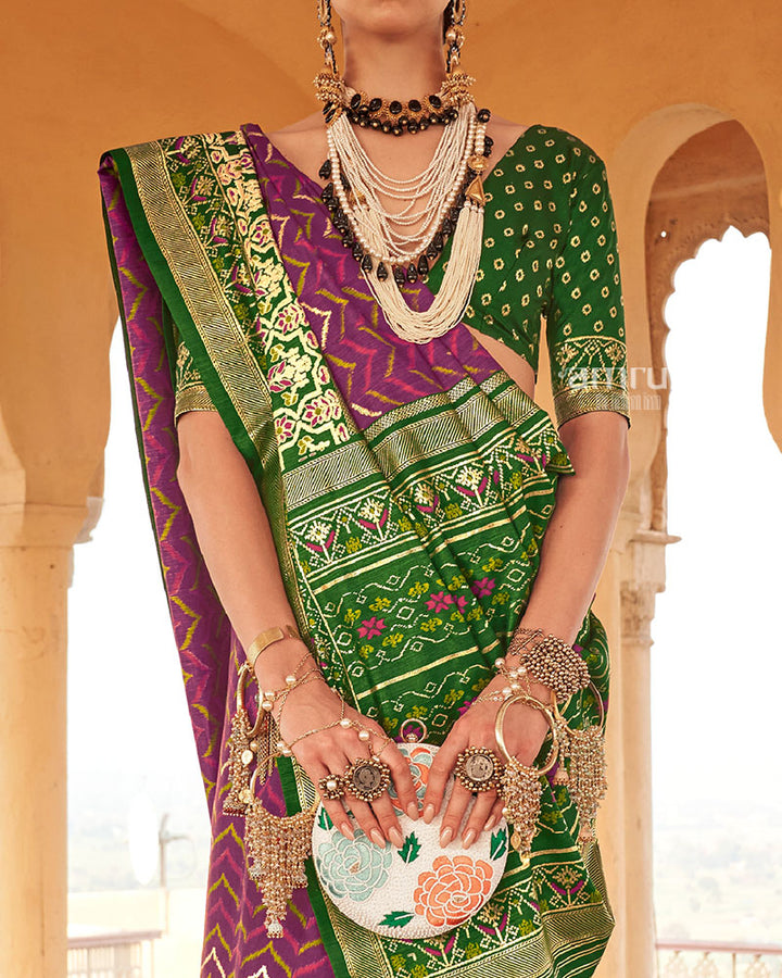 Plum Ikat Printed and Green Contrast Border Patola Silk Saree with Unstitched Blouse