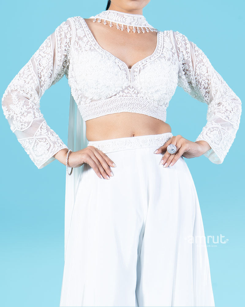 White Embroidered Crop Top with Wide-Leg Palazzo Pants and Beaded Choker Dupatta