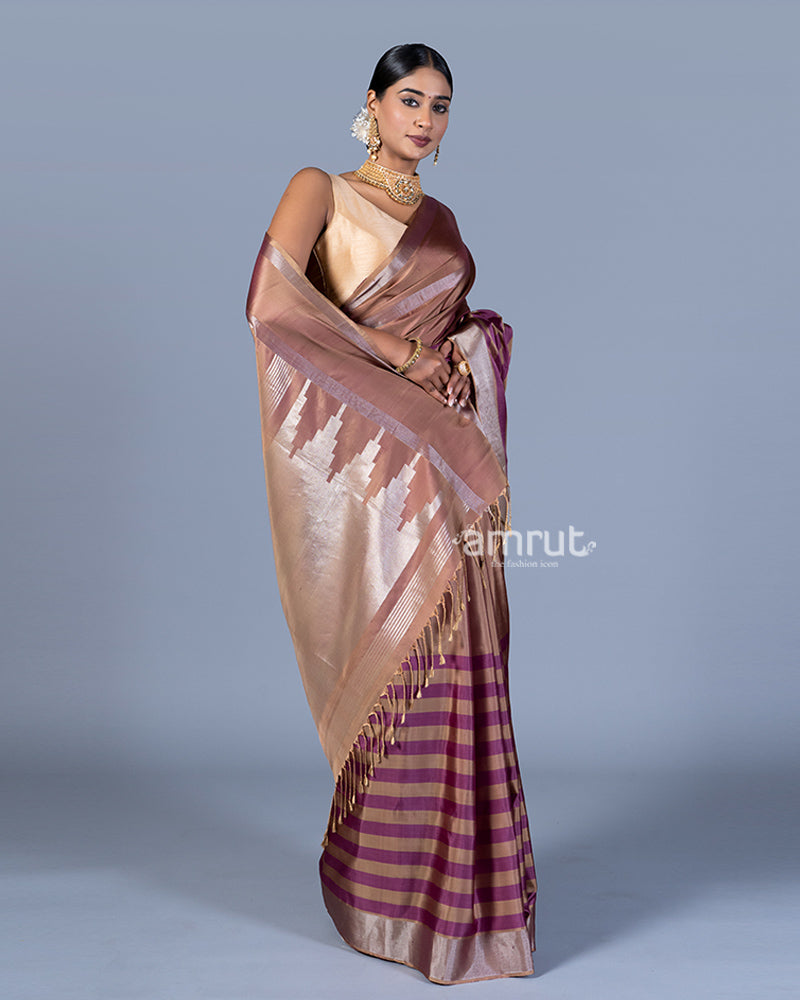 Beige-Taupe and Purple-Maroon Striped Saree with Unstitched Blouse