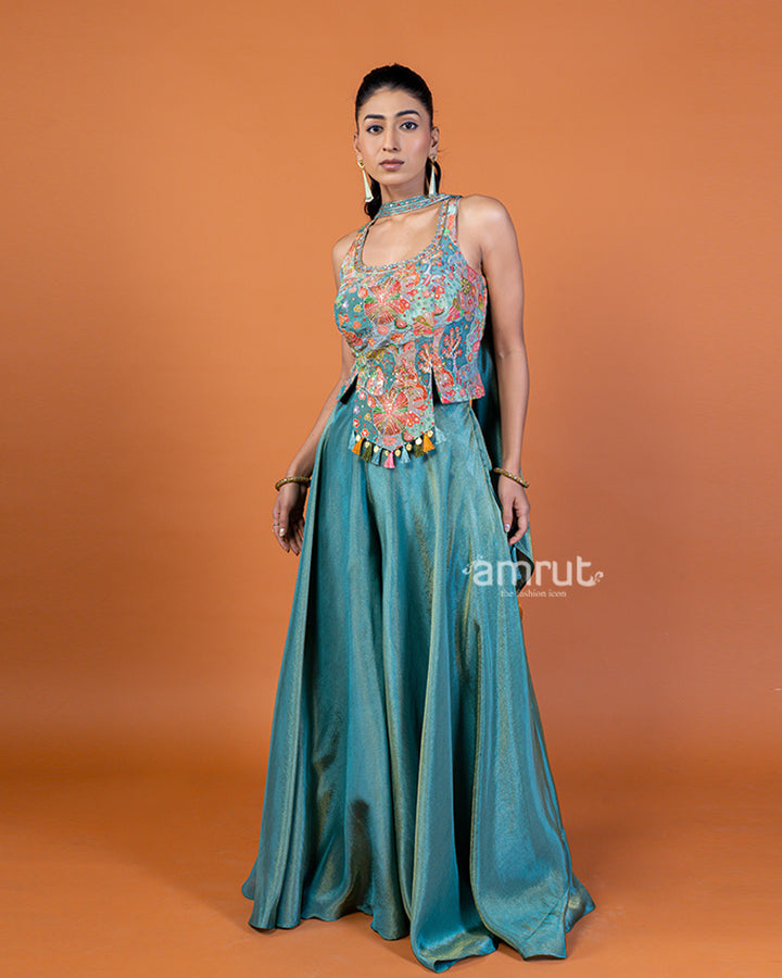 Teal Embroidered Halter Crop Top with Palazzo Pants and Dupatta