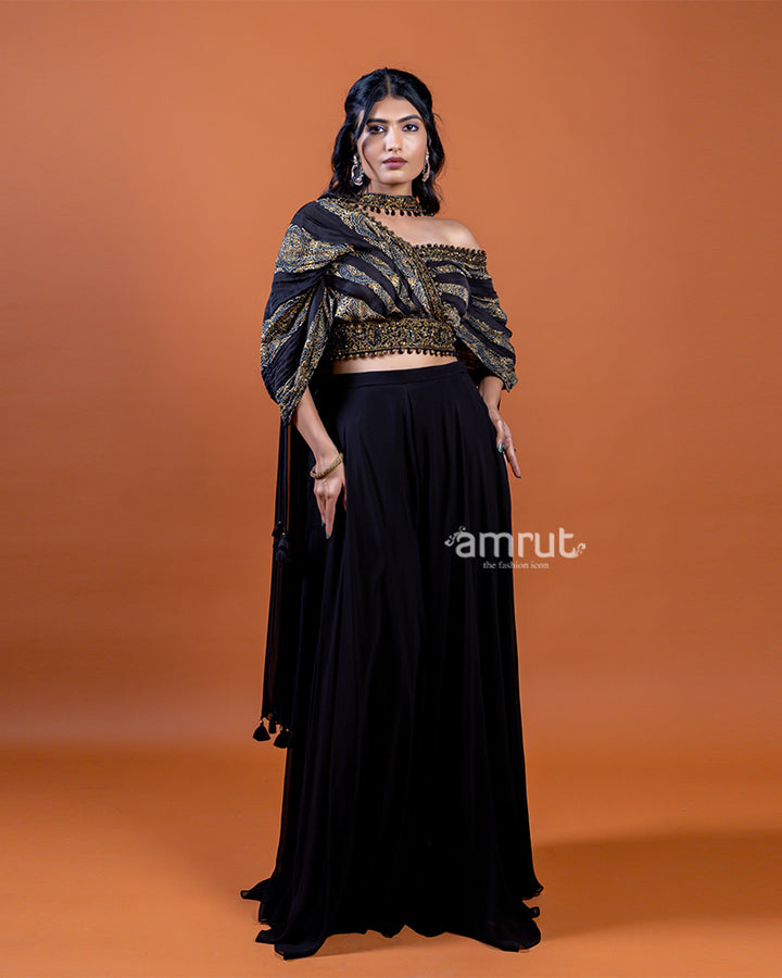 Black Palazzo with Designer Pleated Printed Crop Top and Choker-Style Dupatta