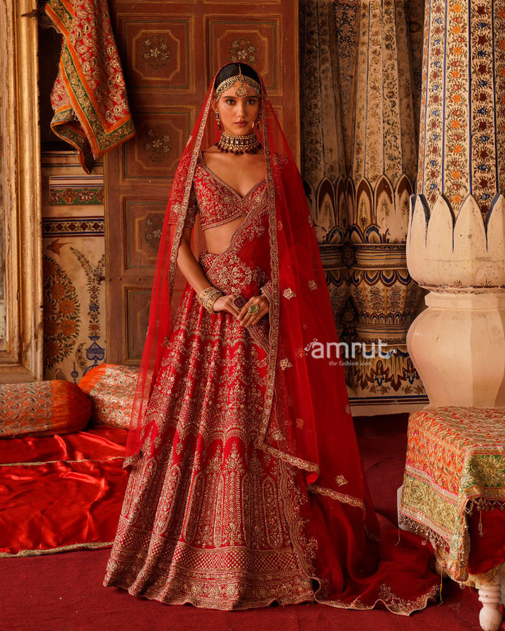 Red Sequins Bead Embellished Bridal Lehenga choli