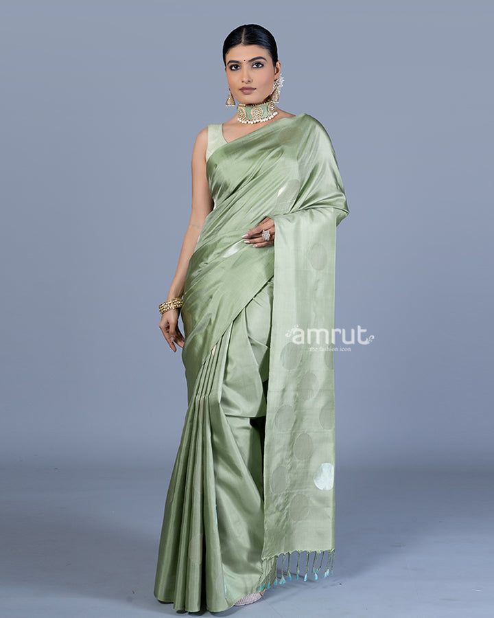 Sage Green with Round-Shaped Zari Woven Detailing Saree with Unstitched Blouse